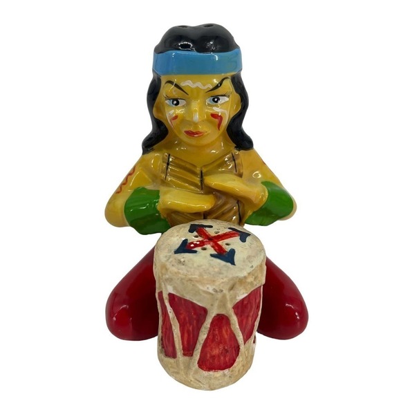 Vintage Salt & Pepper Shakers Native American Man & Drum Collectable Ceramic - Picture 1 of 8